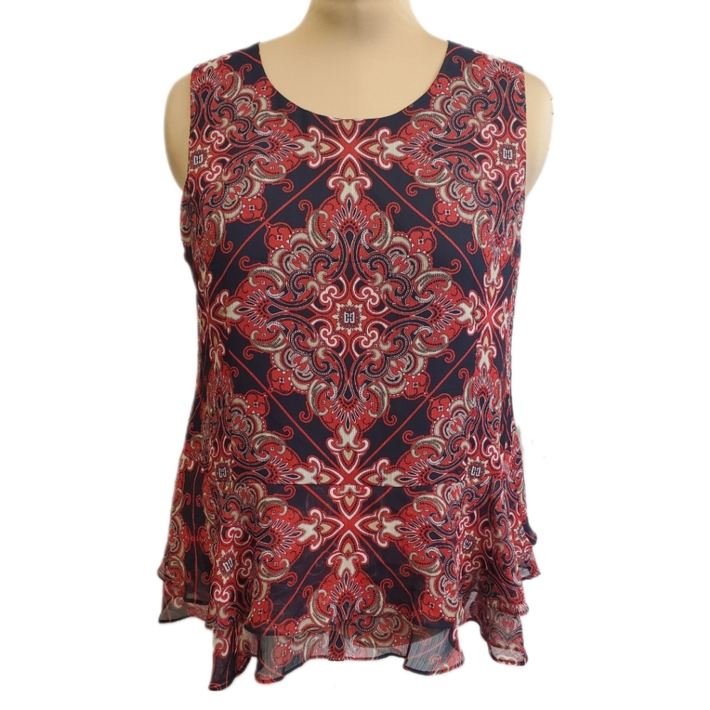 BNWT Tommy Hilfiger peplum sleeveless blouse, size L, navy blue & red paisley